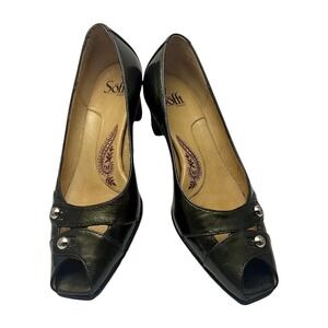 Sofft Womens Metallic Olive Green Leather Peep Toe Studded Kitten Heel Pumps
